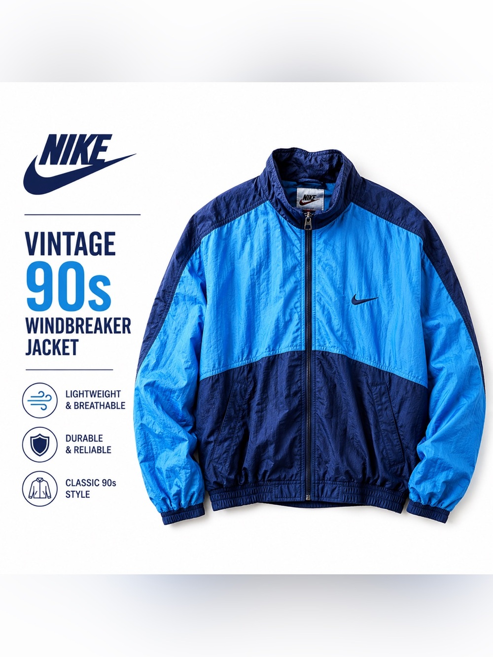 Vintage Nike 90s Blue Colorblock Windbreaker Jacket Men’s Medium